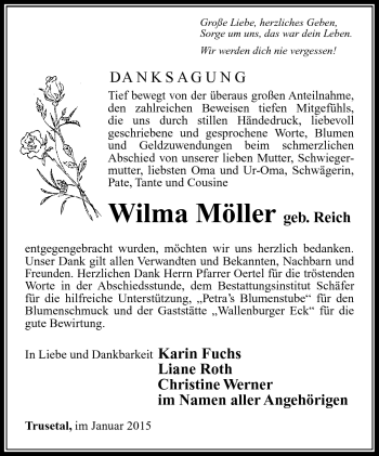 Traueranzeige von Wilma Möller von Südthüringer Presse