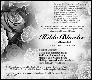 Traueranzeige von Hilde Blinzler von Südthüringer Presse