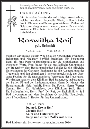 Traueranzeige von Roswitha Reif von Südthüringer Presse
