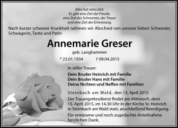 Traueranzeige von Annemarie Greser von Neue Presse Coburg