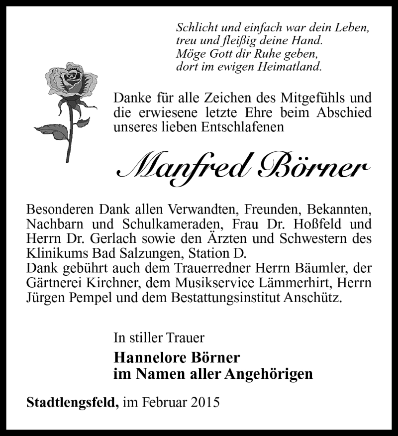  Traueranzeige für Manfred Börner vom 21.02.2015 aus Südthüringer Presse