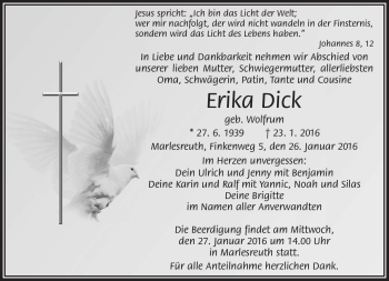 Traueranzeige von Erika Dick von Frankenpost