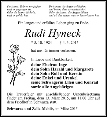 Traueranzeige von Rudy Hyneck von Südthüringer Presse