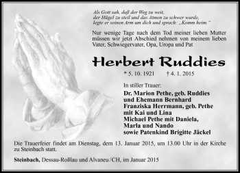 Traueranzeige von Herbert Ruddies von Südthüringer Presse
