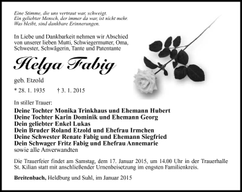 Traueranzeige von Helga Fabig von Südthüringer Presse
