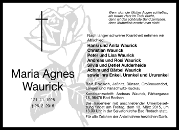 Traueranzeige von Maria Agnes Waurick von Neue Presse Coburg