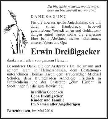 Traueranzeige von Erwin Dreißigacker von Südthüringer Presse