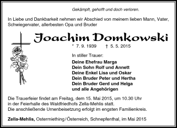 Traueranzeige von Joachim Domkowski von Südthüringer Presse