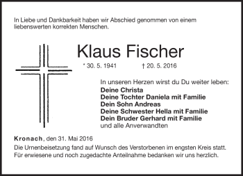 Traueranzeige von Klaus Fischer von Neue Presse Coburg