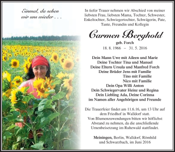 Traueranzeige von Carmen Berghold von Südthüringer Presse
