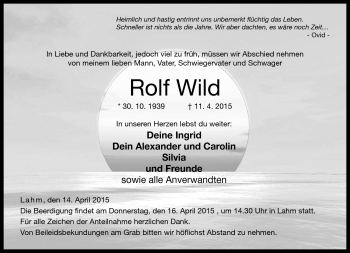 Traueranzeige von Rolf Wild von Neue Presse Coburg