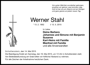 Traueranzeige von Werner Stahl von Neue Presse Coburg