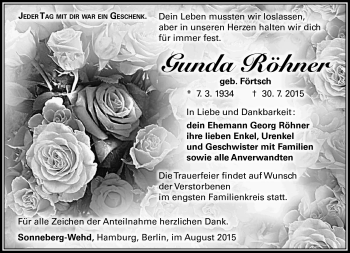 Traueranzeige von Gunda Röhner von Südthüringer Presse