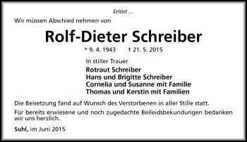 Traueranzeige von Rolf-Diter Schreiber von Südthüringer Presse