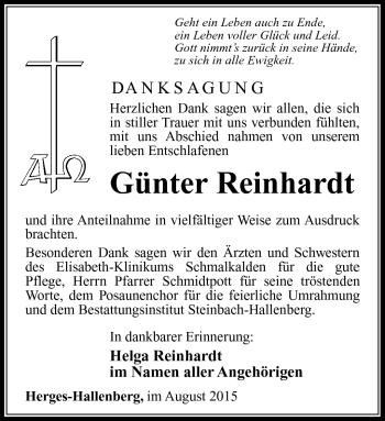 Traueranzeige von Günter Reinhardt von Südthüringer Presse