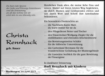 Traueranzeige von Christa Rennhack von Südthüringer Presse