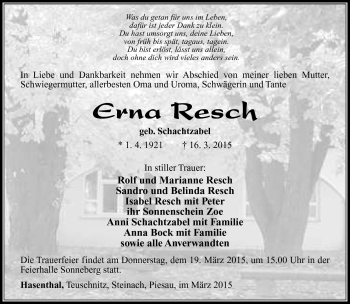 Traueranzeige von Erna Resch von Südthüringer Presse