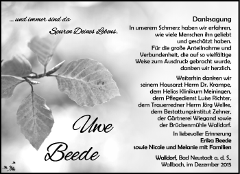 Traueranzeige von Uwe Beede von Südthüringer Presse