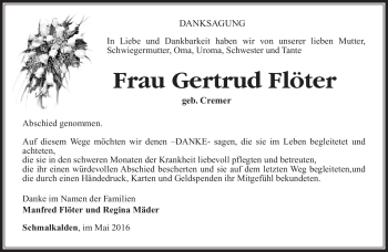 Traueranzeige von Gertrud Flöter von Südthüringer Presse