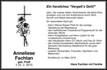 Traueranzeige von Anneliese Fachtan von Frankenpost