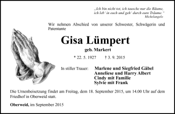Traueranzeige von Gisa Lümpert von Südthüringer Presse