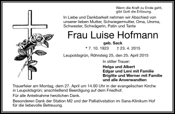 Traueranzeige von Luise Hofmann von Frankenpost