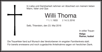 Traueranzeige von Willi Thoma von Frankenpost