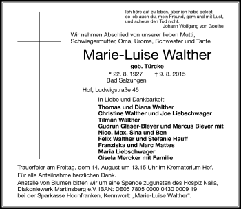 Traueranzeige von Marie-Luise Walther von Frankenpost
