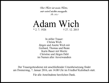 Traueranzeige von Adam Wich von Neue Presse Coburg