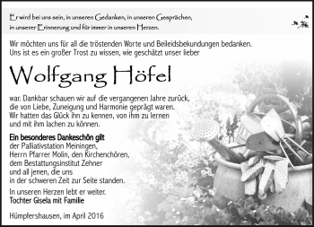 Traueranzeige von Wolfgang Höfel von Südthüringer Presse