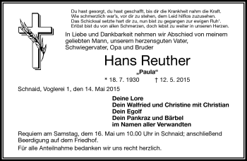 Traueranzeige von Hans Reuther von Frankenpost