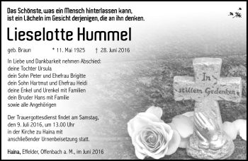 Traueranzeige von Lieselotte Hummel von Südthüringer Presse