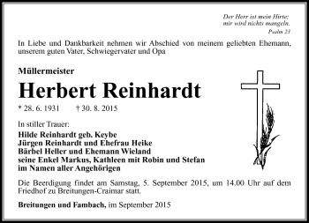 Traueranzeige von Herbert Reinhardt von Südthüringer Presse
