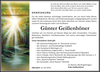 Traueranzeige von Günter Geißenhöner von Südthüringer Presse
