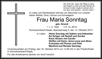 Traueranzeige von Maria Sonntag von Frankenpost