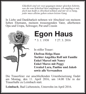 Traueranzeige von Egon Haus von Südthüringer Presse