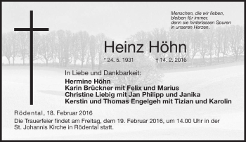 Traueranzeige von Heinz Höhn von Neue Presse Coburg