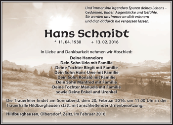 Traueranzeige von Hans Schmidt von Südthüringer Presse
