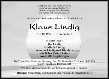 Traueranzeige von Klaus Lindig von Südthüringer Presse