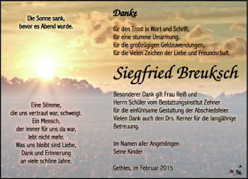 Traueranzeige von Siegfried Breuksch von Südthüringer Presse