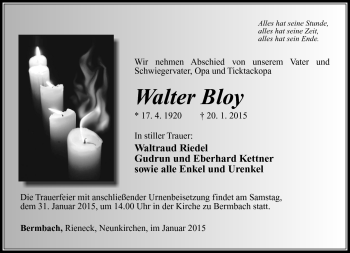 Traueranzeige von Walter Bloy von Südthüringer Presse