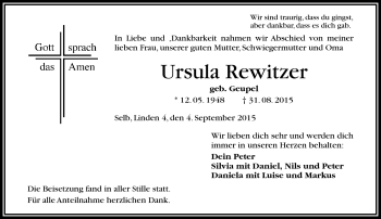 Traueranzeige von Ursula Rewitzer von Frankenpost