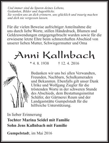 Traueranzeige von Anni Kallnbach von Südthüringer Presse