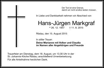 Traueranzeige von Hans-Jürgen Markgraf von Frankenpost