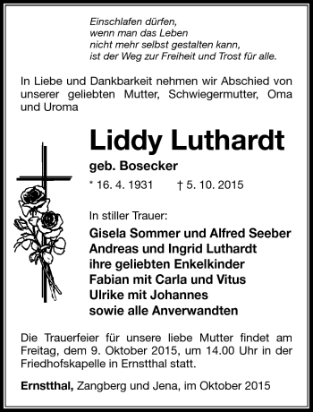 Traueranzeige von Liddy Luthardt von Südthüringer Presse