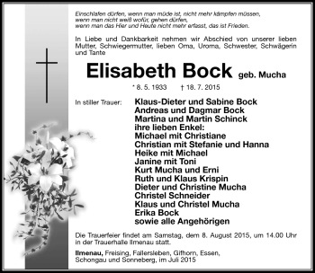 Traueranzeige von Elisabeth Bock von Südthüringer Presse