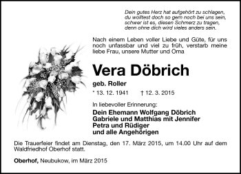 Traueranzeige von Vera Döbrich von Südthüringer Presse