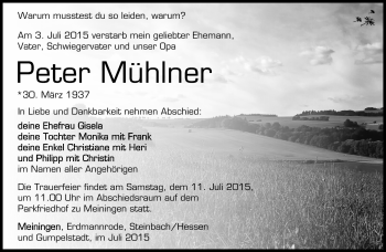 Traueranzeige von Peter Mühlner von Südthüringer Presse