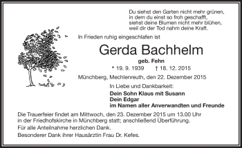 Traueranzeige von Gerda Bachhelm von Frankenpost