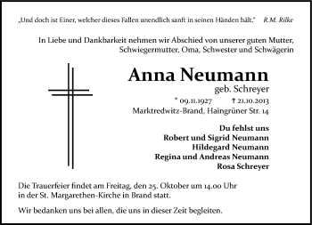Traueranzeige von Anna Neumann von Frankenpost